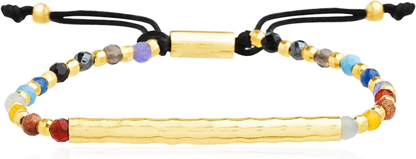 Sterling Silver Bar and Rainbow Chakra Balancing Bracelet for Women with Healing Beads