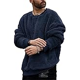 Pengfei Mens Fuzzy Sherpa Pullover Sweatshirts Long Sleeve Fleece Fluffy Crew Neck Fall Winter Warm Outwears Navy