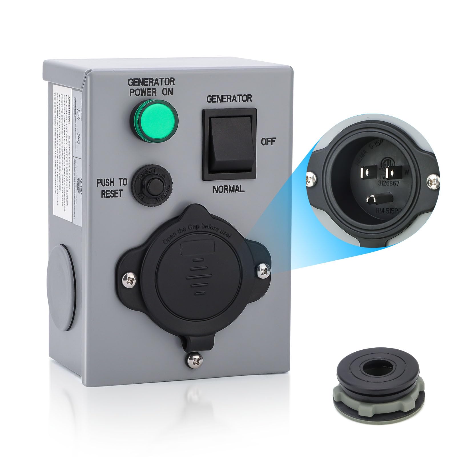 Photo 1 of BlueFire 15 Amp Manual Generator Transfer Switch, Pre Punched Detachable Holes, Weatherproof Generator Inlet Box with Circuit Breaker, with LED Light Indicator for Generator Outdoor Indoor,ETL Listed