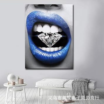 Amazon Com Tllzsh Painting Prints On Canvas Blue Lips And Diamonds Modern Print Artwork Poster For Living Room Home Office Decorative Painting No Frame 60 80cm Furniture Decor
