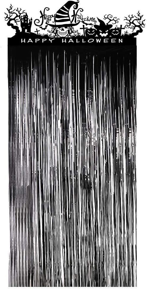 FINGOOO Halloween Door Curtain, Hunted House Shiny Foil Decor Entrance Curtain, 3.3 X 6.5 Feet