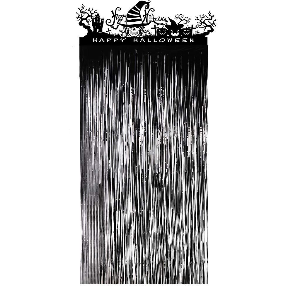 FINGOOO Halloween Door Curtain, Hunted House Shiny Foil Decor Entrance Curtain, 3.3 X 6.5 Feet
