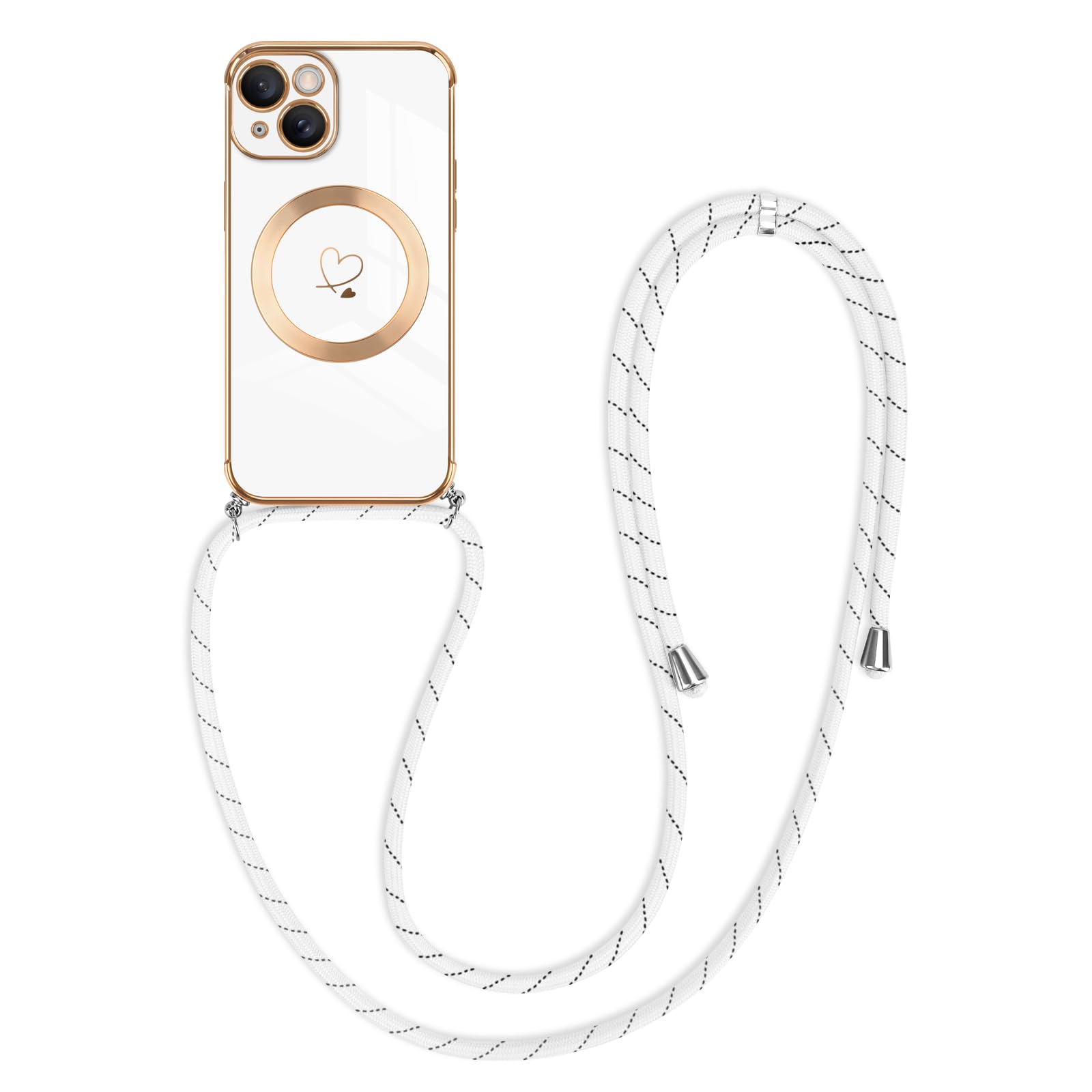 Newseego Crossbody Lanyard Case for iPhone 15 [Compatible for MagSafe], Cute Heart Girl Women Flexible Silicone Protective Phone Case with Adjustable Strap Necklace Bumper Cover iPhone 15-White