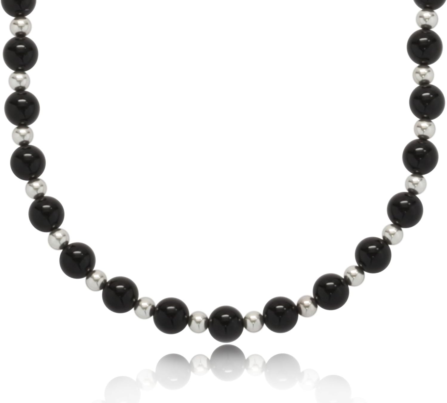 8mm Polished Black Onyx Endless Necklace with .925 Sterling Silver Beads, 32"