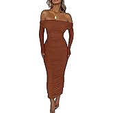 PRETTYGARDEN Women's Fall Off The Shoulder Maxi Dress Spring Long Sleeve Ruched Fitted Bodycon Club Dresses with Slit