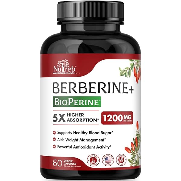 NUTREB BERBERINE SUPPLEMENT 1200MG – 5X HIGHER ABSORPTION – ULTRA PURE 98% BERBERINE HCL – HEALTHY WEIGHT MANAGEMENT, IMMUNE SUPPORT – NON GMO, MANUFACTURED IN USA – 60 VEGAN CAPSULES