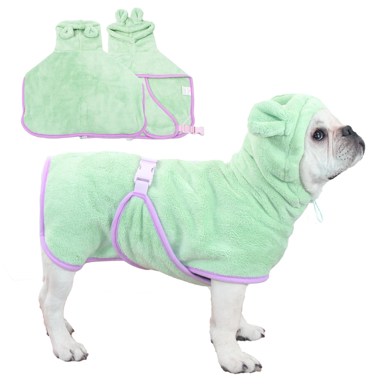 Fnaobai Pet Bathrobe for Dog Cat Absorbently Quick Drying Coat Cute Dogs Bath Towel Hooded Robe Adjustable Collar & Belly Strap for Pool Beach (Green, XS)