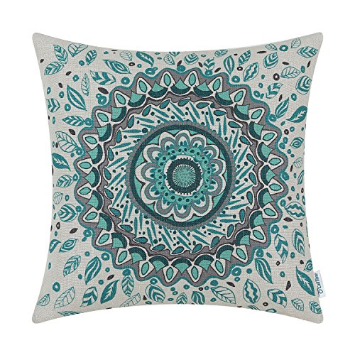 CaliTime Canvas Throw Pillow Cover Case for Couch Sofa Home Decor, Floral Compass Leaves Medallion, 18 X 18 Inches, Teal
