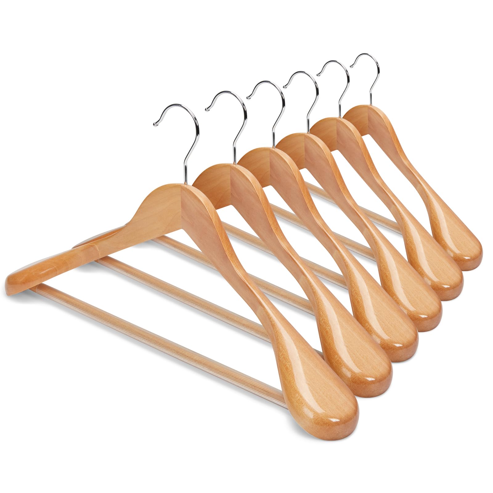 Photo 1 of HOUSE DAY Wide Shoulder Wooden Hangers, Suit Hangers with Non Slip Pants Bar, Smooth Finish 360° Swivel Hook High-Grade Solid Wood Coat Hangers for Dress, Jacket, Heavy Clothes Hanger 6 Pack (Natural)
