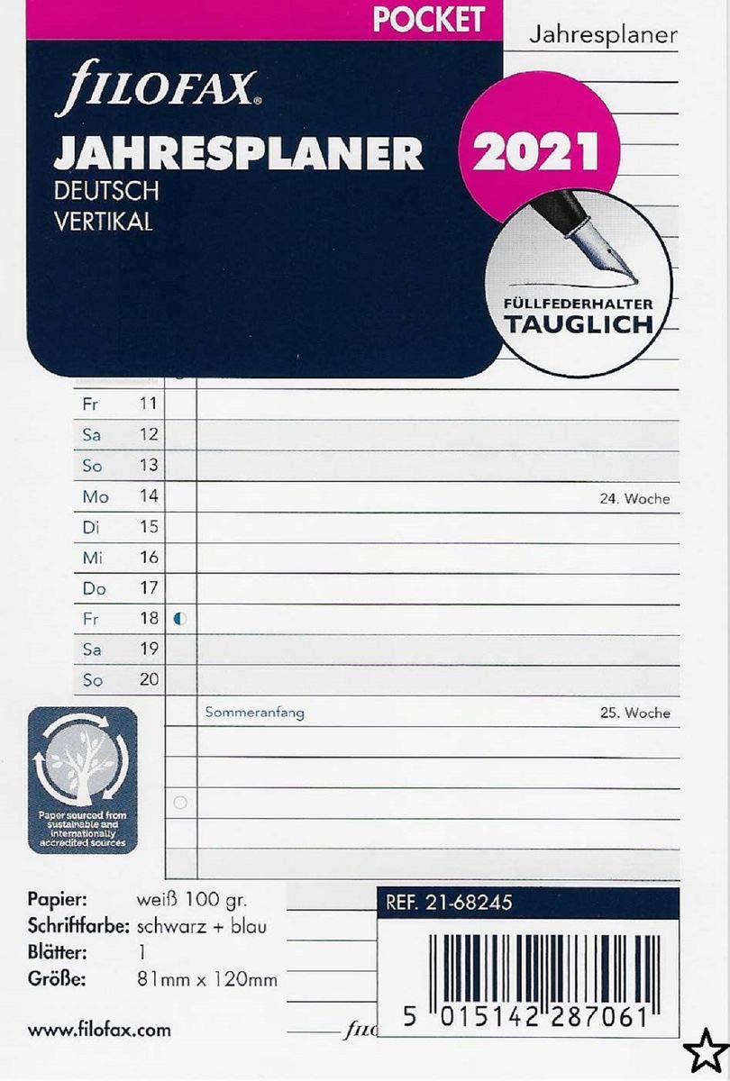 Filofax Pocket Calendar Insert Year Planner Vertical (German) 2021