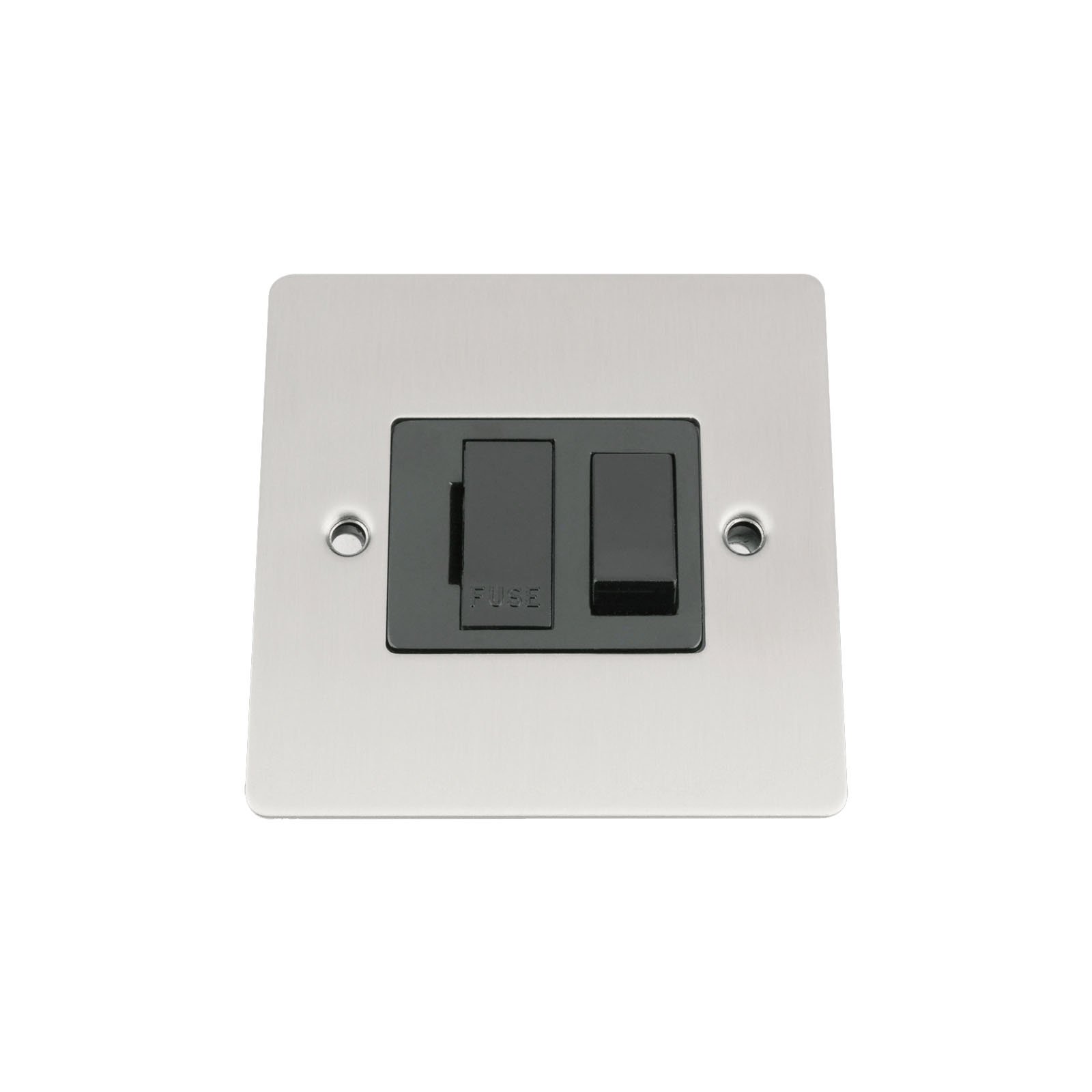 Fused Switch - Satin Matt Chrome - Flat - Black Insert Plastic Switch - 13 Amp Switched Fused Spur Unit