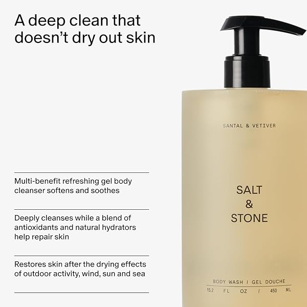 SALT & STONE ANTIOXIDANT-RICH BODY WASH – SANTAL & VETIVER | CLEANSE, NOURISH & SOFTEN SKIN WITH NIACINAMIDE & HYALURONIC ACID | FREE FROM PARABENS, SULFATES & PHTHALATES (15.2 FL OZ)