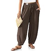 TARSE Women’s Linen Harem Pants Wide Leg Boho Casual Trousers Loose Fit Lounge Beach Travel Pants