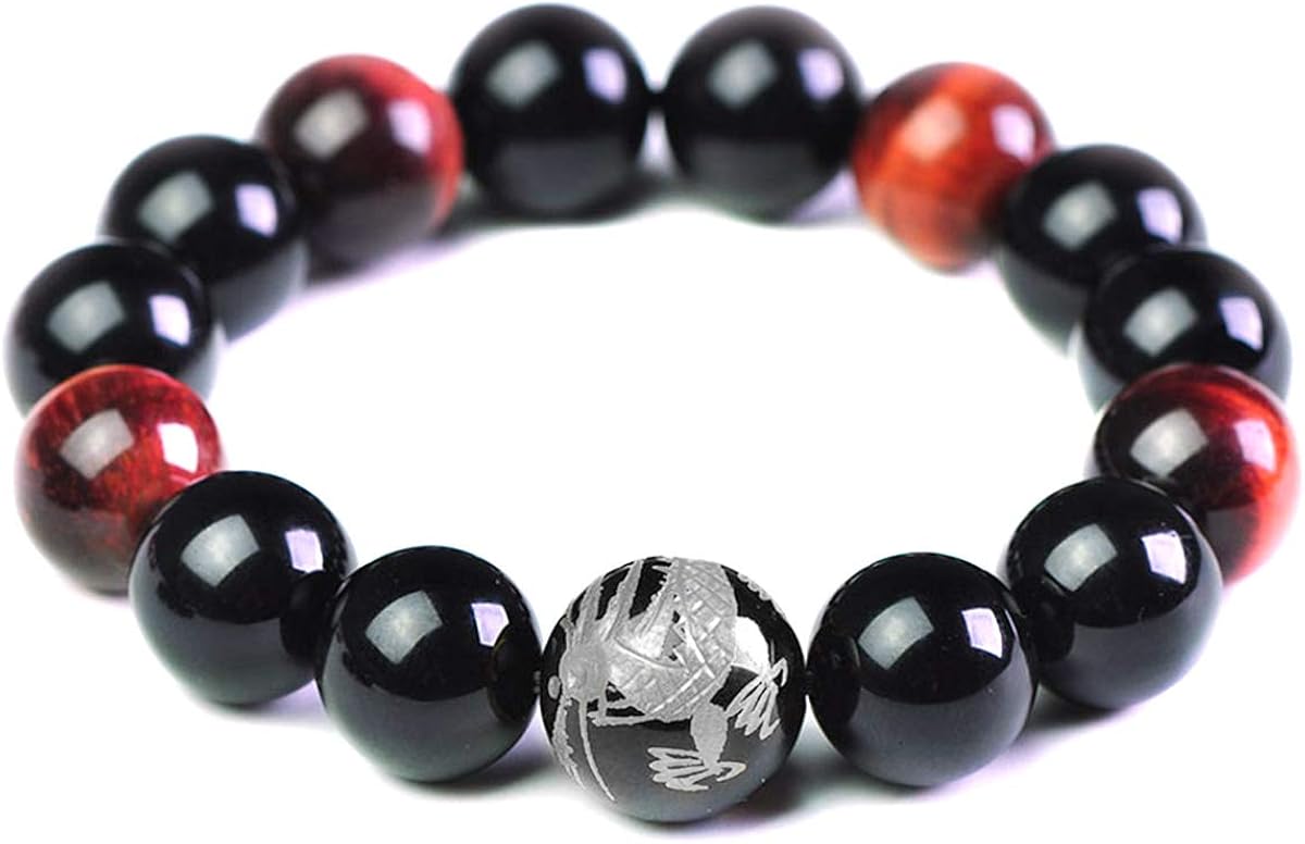 Mecool Obsidian Stretch Bracelet Round Gold Stretch Obsidian Bracelets 16mm Beads, Red Black-16mm, 9 5 inch