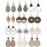 12 Pairs Boho Vintage Geometric Round Earrings Wooden Leather Ethnic Style Vintage Sunflower Earrings Christmas for Women