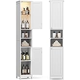 VASAGLE Tall Storage Cabinet with Lights, Slim Freestanding Cabinet with Adjustable Shelves, for Small Spaces, Bathroom, Living Room, Modern, 11.8 Inches Wide, Cloud White UBBC566W02