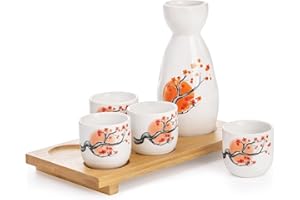 Tosnail Ceramic Japanese Sake Set, 1 Serving Carafe, 4 Sake Cups and 1 Bamboo Tray - Orange Blossom