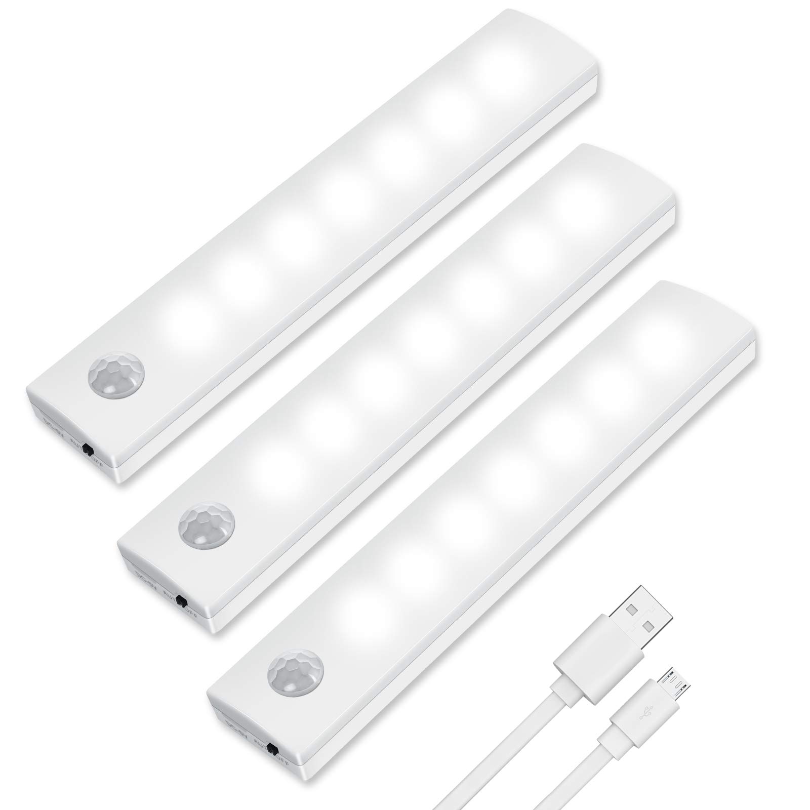 Vicloon Motion Sensor Led Lights, 3 Pack Auto On/Off Wireless Rechargeable Cabinet Night Light With Magnetic Strip for Wardrobe, Closet, Stairs