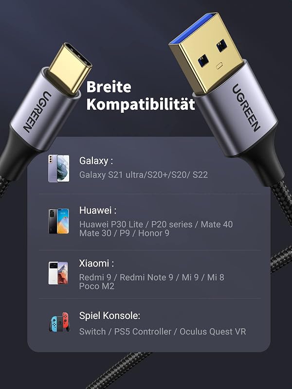USB C Ladekabel QC 3.0 USB C Kabel USB 3.0 5Gbps Nylon