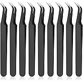 Honoson 9 Pieces Curved Pointed Craft Tweezers Stainless Steel Precision Tweezer with Protective Cover for Rhinestones Dried Flowers Craft Stickers Eyelash Extension Jewelry Making(Black)