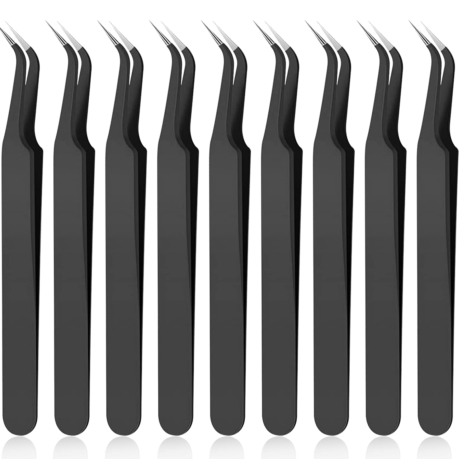 Photo 1 of *Only 3* Honoson 9 Pieces Curved Pointed Craft Tweezers Stainless Steel Precision Tweezer with Protective Cover for Rhinestones Dried Flowers Craft Stickers Eyelash Extension Jewelry Making(Black)