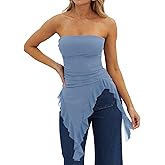 Womens Strapless Tube Tops Summer Asymmetrical Long Ruched Mesh Shirts Cute Y2k Ruffle Hem Going Out Bandeau Top