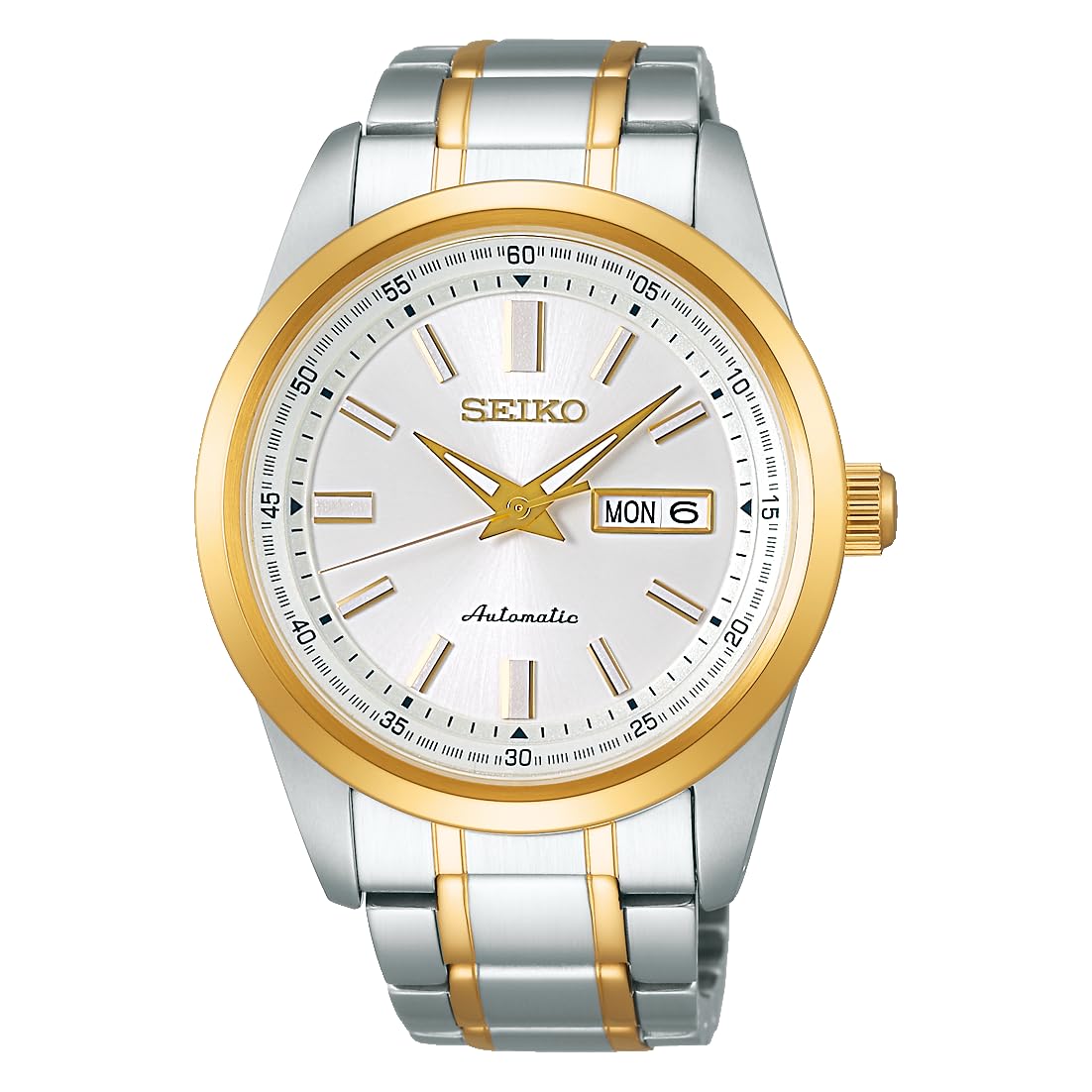 SEIKO SELECTION(セイコー セレクション) Men's Mechanical Calendar (Date and Week) Functional Model, Dial: White/Case: Silver & Yellow Gold, Mechanical Automatic Watch (Hand Winding) Case Back See-through Back