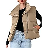 Dokotoo Women's Casual Winter Puffer Vest Sleeveless Cropped Outerwear Warm Lightweight Stand Collar Down Coats with Pockets