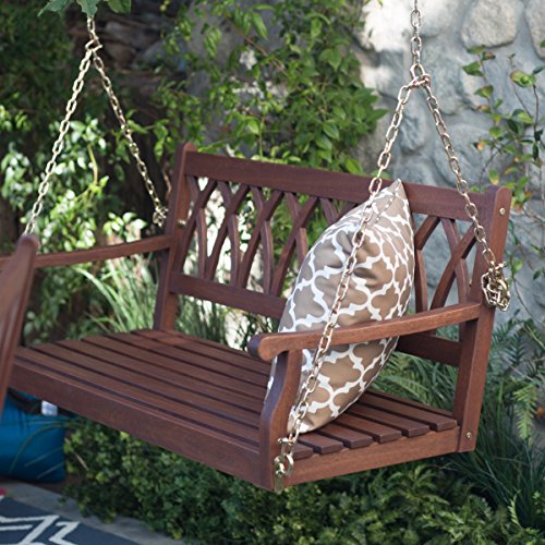Classically Curved 4 ft. Porch Swing Crafted From Eucalyptus Wood In Dark Brown Weather Resistant Finish