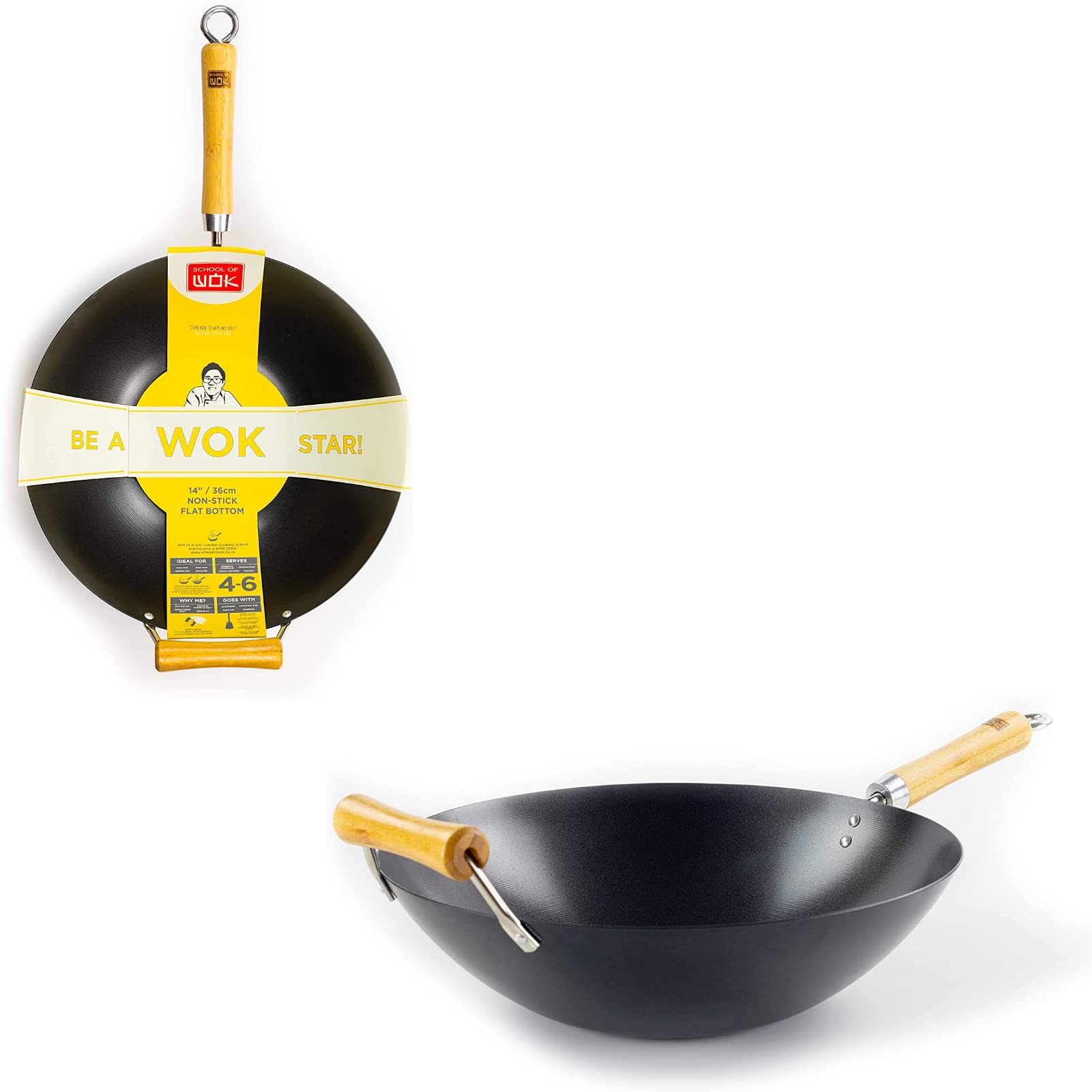 School of Wok - 14"/36cm Non Stick Heavy Duty Carbon Steel Flat Bottom Wok, Induction Hobs with Bamboo Wooden Handle