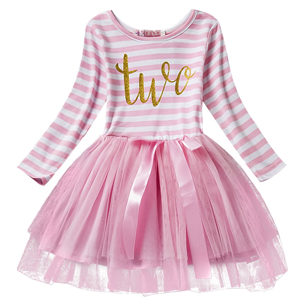 Baby Girls Toddler Kids Princess Long Sleeve Dress 1st/2nd/3rd Birthday Cake Smash Shiny Printed Striped Tulle Tutu Dress Party Outfit, 1 Pink(2 Years), 2 Years