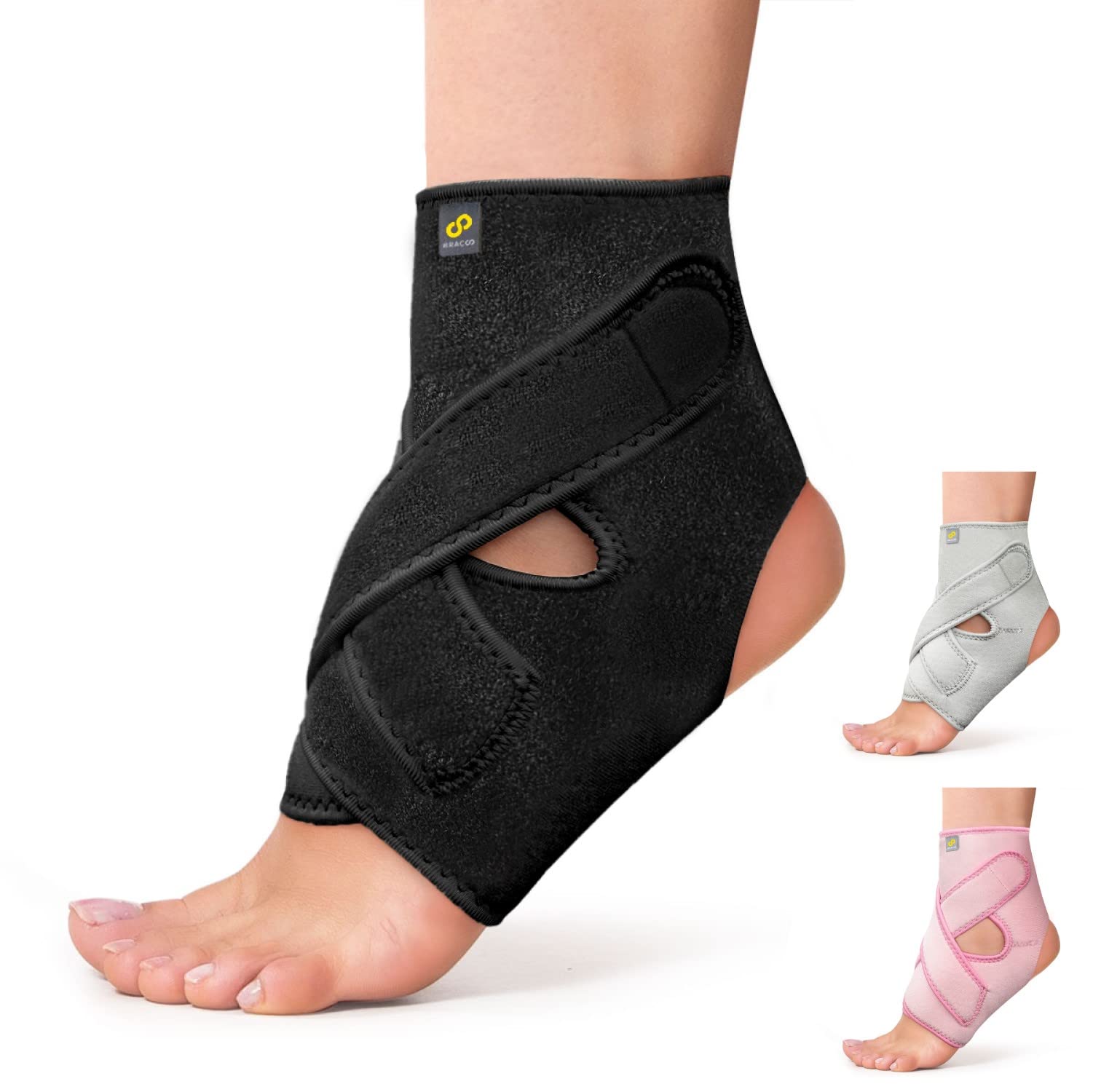 BRACOO Adjustable Ankle Support – Open-Heel Compression Foot Brace with Straps for Achilles Tendonitis, Ligament Damage, Sprains & Plantar Fasciitis, FS10 (Black, L/XL)