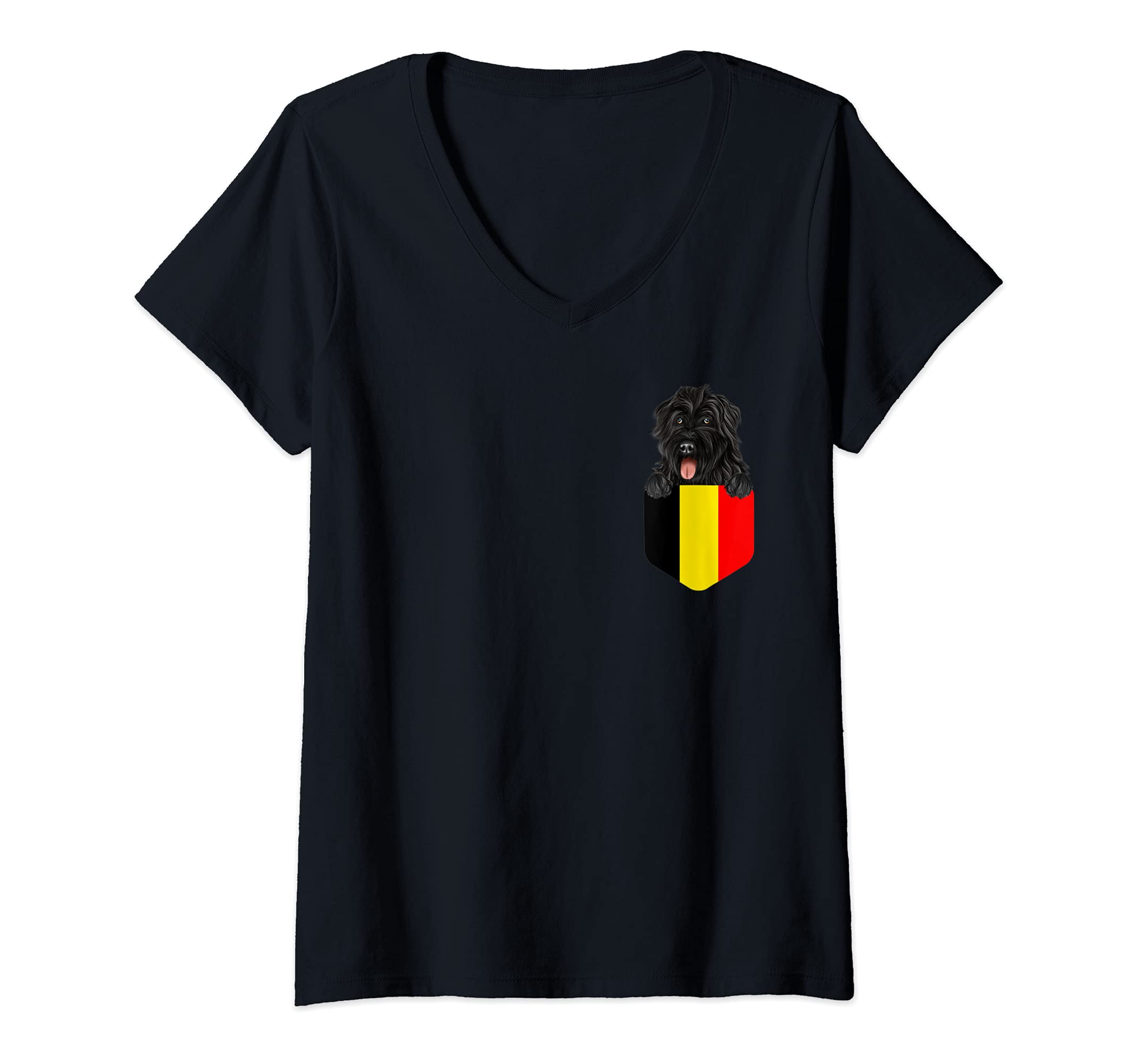 Womens Belgium Flag Bouvier des Flandres Dog In Pocket V-Neck T-Shirt