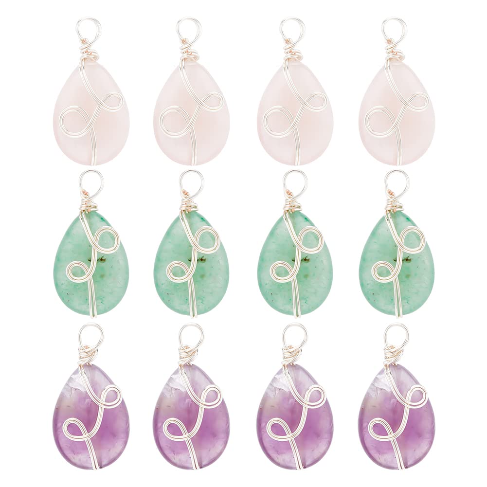 DICOSMETIC 12Pcs 3 Styles Natural Stone Pendant Teardrop Gemstone Pendants with Copper Wire Drop Crystal Stone Pendants Oval Beads Dangle Charms for Jewellery Making, Hole: 3.4mm