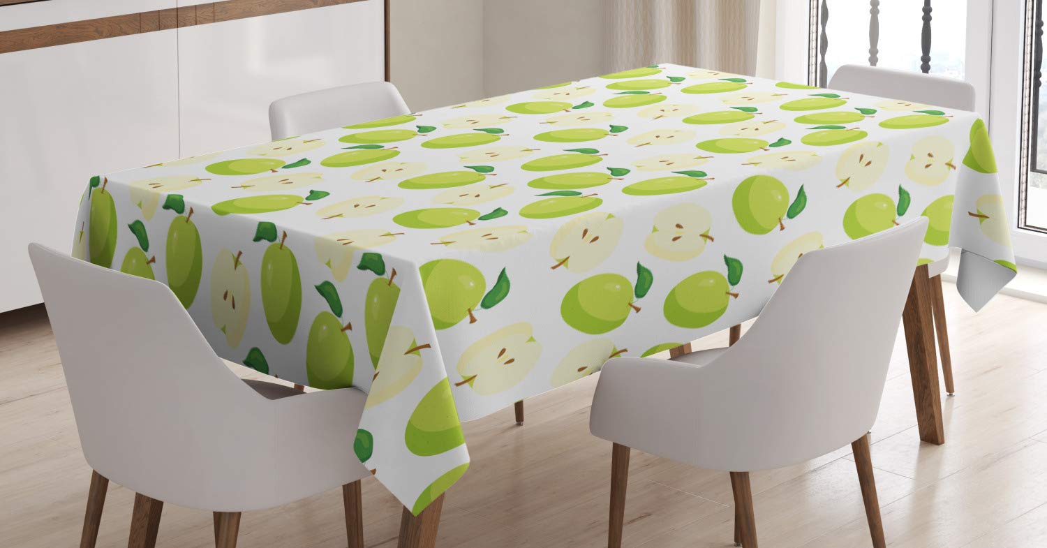 ABAKUHAUS Apple Tablecloth, Cartoonish Fruit Anatomy, Dining Room Kitchen Rectangular Table Cover, 54 W X 94 L, Brown Yellow Green Cream