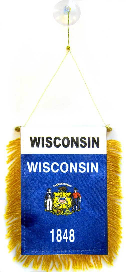 AZ FLAG - Wisconsin Mini Banner - 6'' x 4'' - 100% Polyester US state of Wisconsin Small Pennant for Car - Double-sided Flag with Suction Cup Hanger