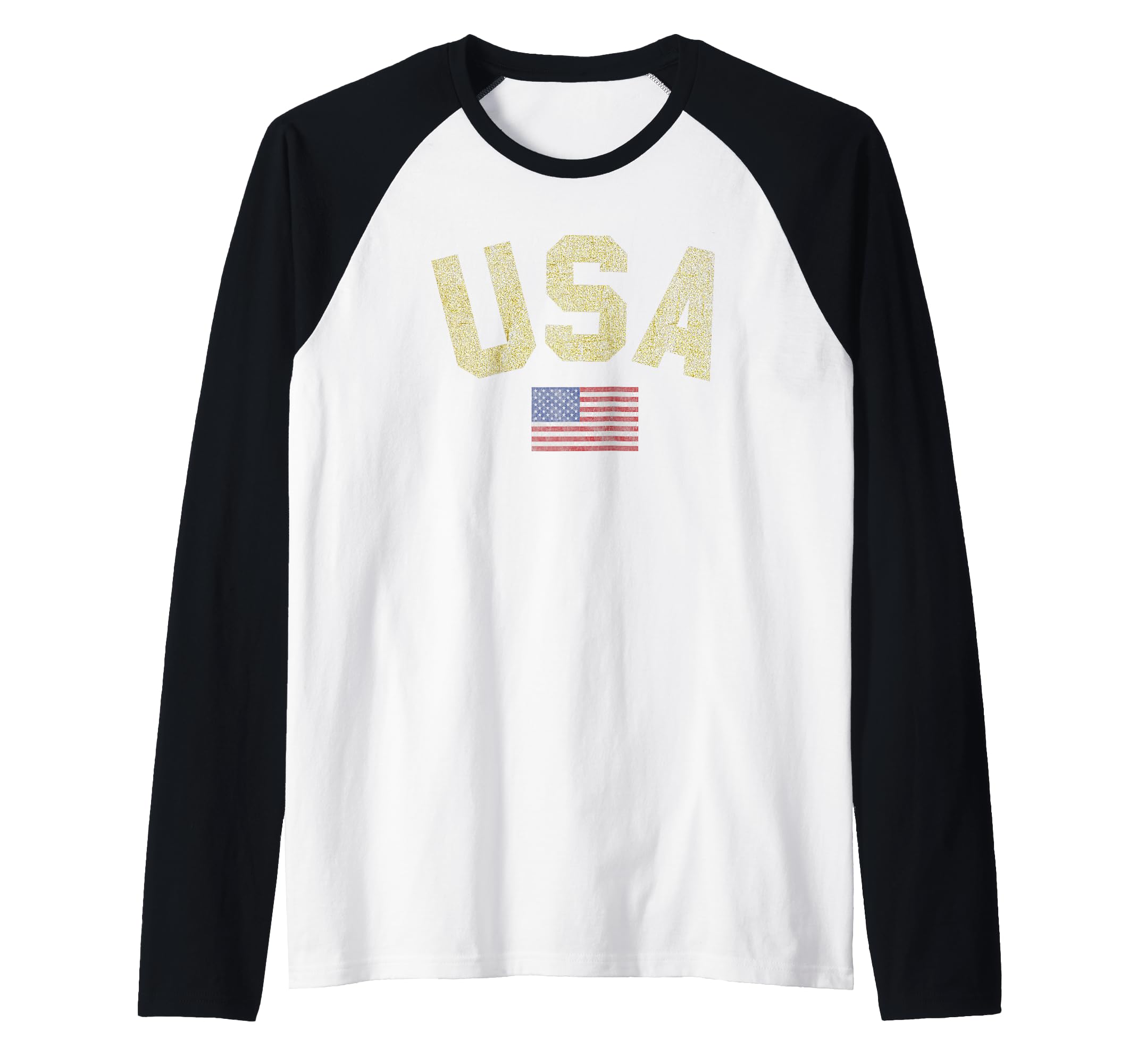 USA Gold Glitter Text Centre Flag Raglan Baseball Tee