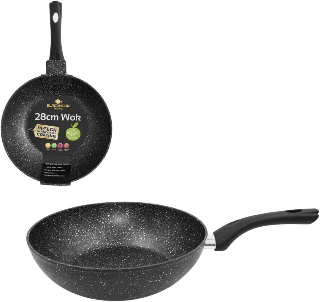 Blackmoor 66160 Classic 28cm Non-Stick Induction Wok/Suitable for Induction Electric and Gas Hobs/Black Marble Effect Colour