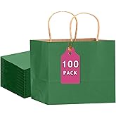 qiqee 100PCS Large Gift Bag with Handles Bulk 13"x4.5"x10" Gift Bags Kraft Deep Green Multiple Uses (32x11x25cm,Wide Large)