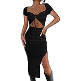 Rooscier Women's Deep V Neck Tie Front Cutout Split Short Sleeve Sexy Bodycon Midi Dress