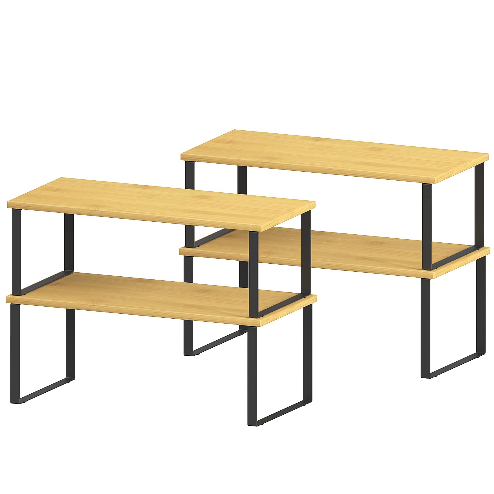 CADUKE Spice Rack Organiser, Set of 4 Kitchen Shelf Organiser, Expandable & Stackable Cupboard Shelf, Natural Spice Holder for Counter, Cupboard, Bamboo and Metal