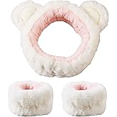 JazSwirl Face Wash Headband and Wristband Set, 3 Pcs Skincare Headbands and Wristband Set 1 Face Wash Headband 2 Face Wash Wristbands, Cute Animal Ears Plush Headbands for Washing Face (White Bear, 1)
