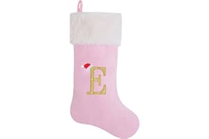 AUAWMLK 20-Inch Letter Embroidered Christmas Stocking Thick and Luxurious Pink Velvet with Super Soft Plush Cuff Personalized Festival Decoration for Xmas and New Year Party(Letter E)