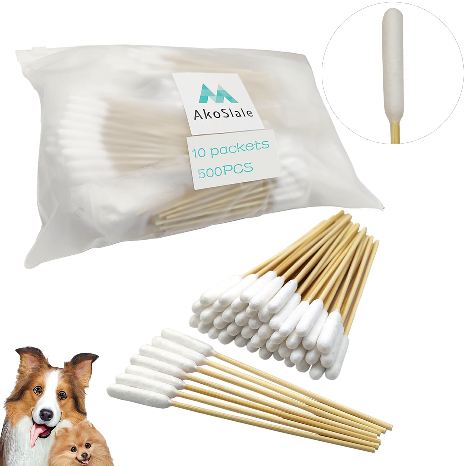 AkoSlale Dog Ear Swabs, 500 Count – 4.72 Inch Bamboo Cotton Buds for Small to Medium Dogs & Cats – Precision Cleaning Tool for Wax Removal & Grooming, Lint Free Tips (10 Resealable Packs)