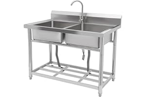 39.4" x 19.7" x 33.5" Utility Sink, Stainless Steel Double Bowl Sink with Hot & Cold Water Faucet and Undershelf, Freestandin