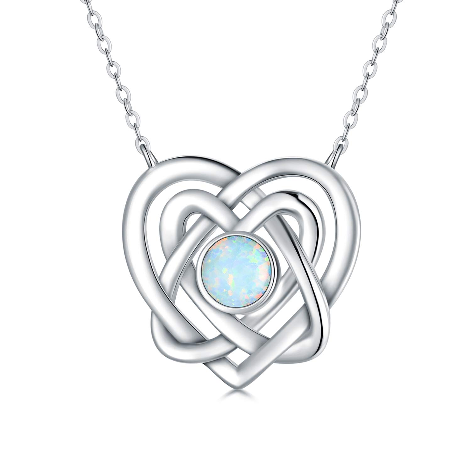 HARMONY BOLA Graduation Gifts for Her Celtic Knot Necklace with Simulated Opal 925 Silver Heart Pendant Birthday Gift for Women