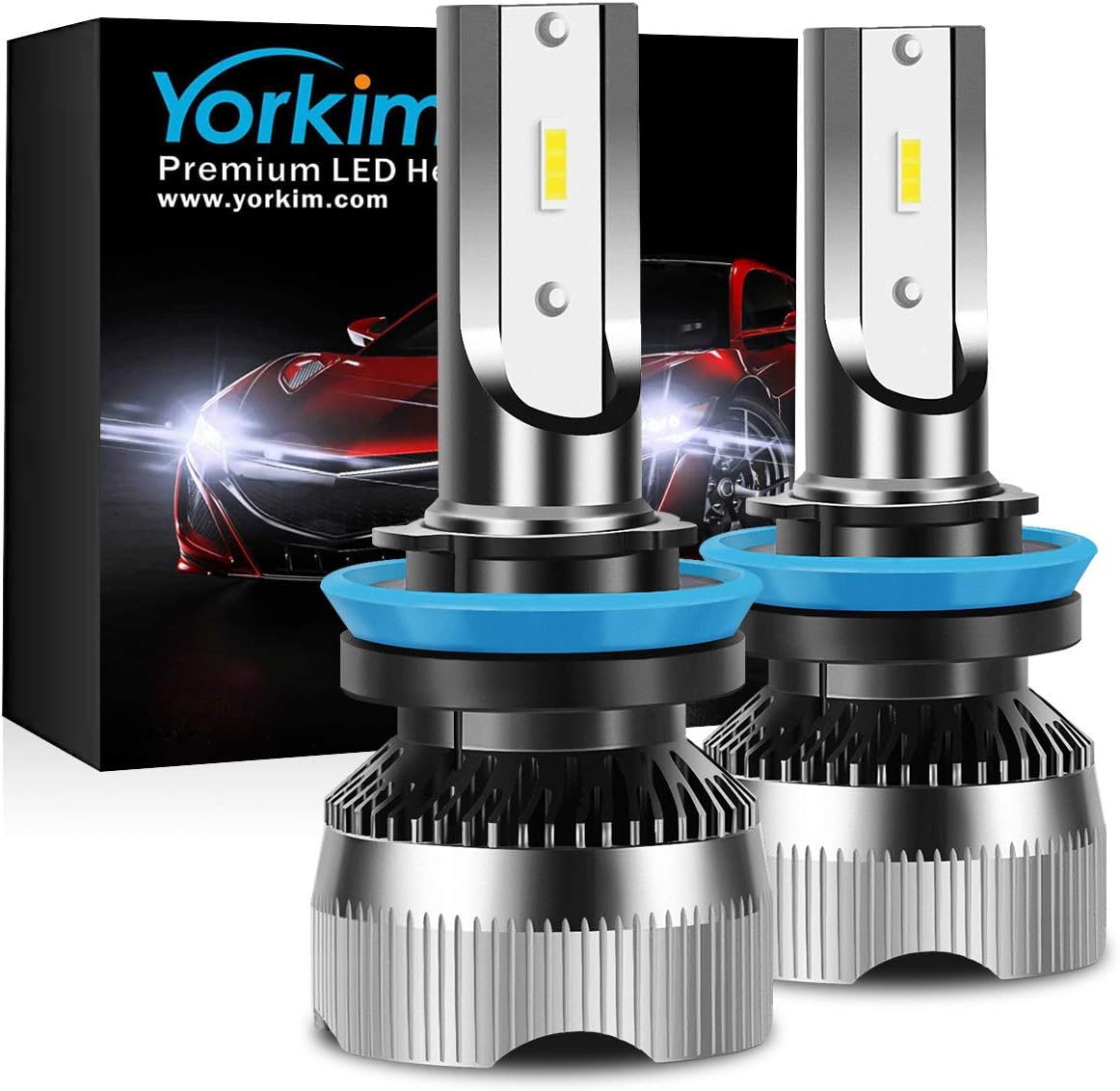 Yorkim H11 Led Headlight Bulbs Super Bright 6000k White, h9 led headlight bulb h8 led headlight bulb Waterproof, All-in-One Conversion Kit with Silent Fan, 8000LM CSP Chips, Adjustable Beam, Pack of 2