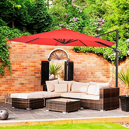 LCH Offset Cantilever Umbrella 10-Feet Aluminum Outdoor Patio Hanging Umbrella with Cross Base, Crank and Air Vent, Dark Red