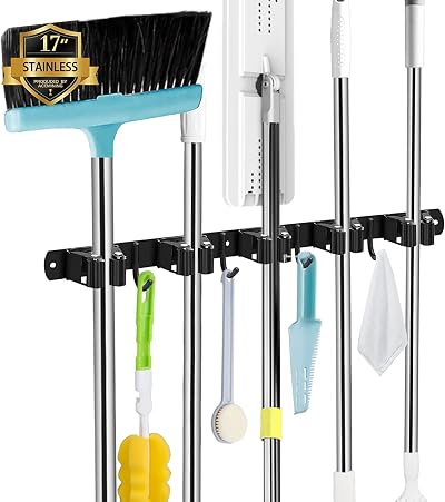 AceMining 5 Holders 4 Hooks Wall Mount Broom Organizer Stainless Steel