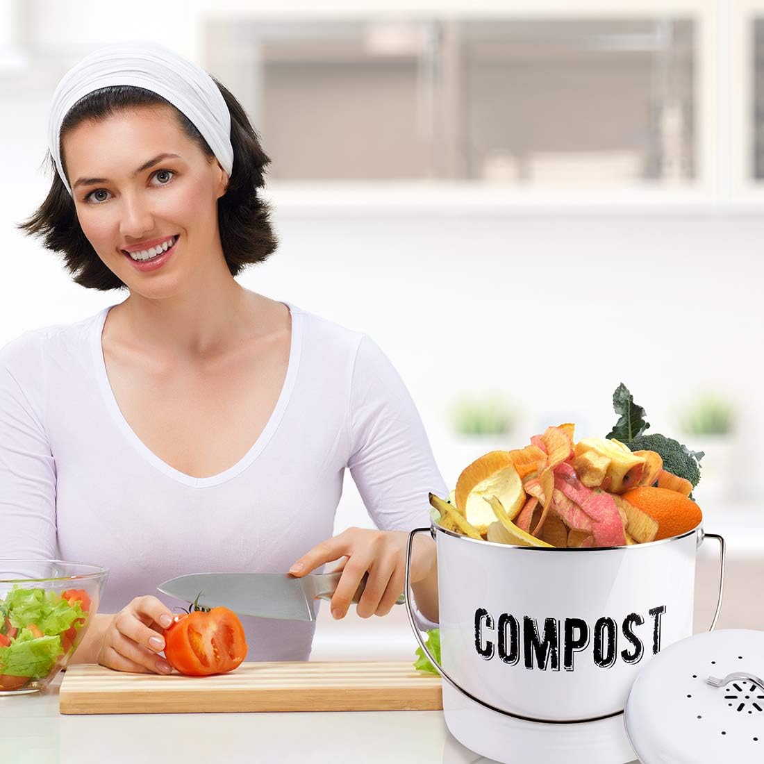 Kitchen Compost Bin with 7 Charcoal Filters and 50 Recycled Trash Bags, 1.3 Gallon Compost Bucket, Rustic Farmhouse Composting Container for Kitchen Counter: Kitchen & Dining
